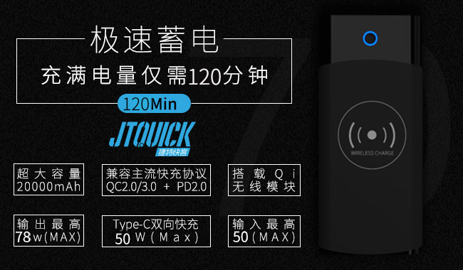 JTQUICK推大容量石墨烯充電寶 支持7種快充方案